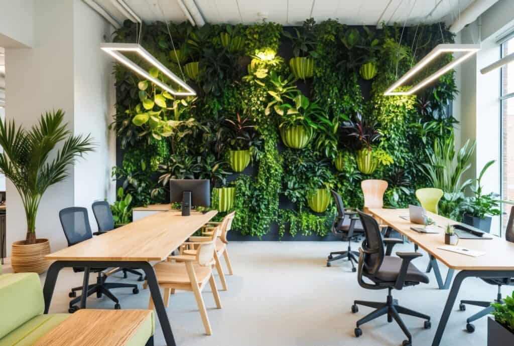 エコフレンドリーで明るい現代的オフィスでGoogle Workspaceを活用する風景